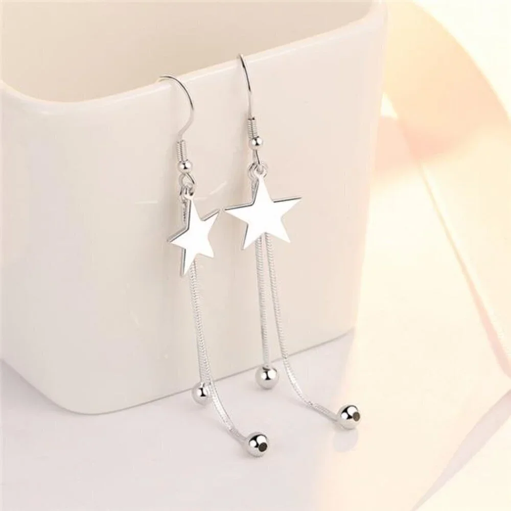 Silver Star Tassel Earrings 925 Sterling Luxury Bead for Women Fashion